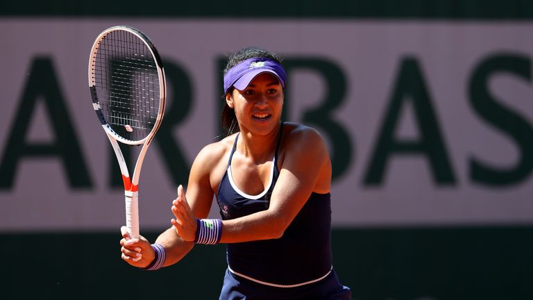 PARIS, FRANCE - MAY 25:  Heather Watson of Great Britain hits a forehand during the Women's Singles second round match against Svetlana Kuznetsova of Russi