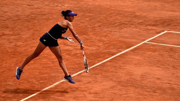 Heather Watson of Great Britain serves in her match against Barbora Strycova of Czech Republic on Day Four of The Internazionali BNL