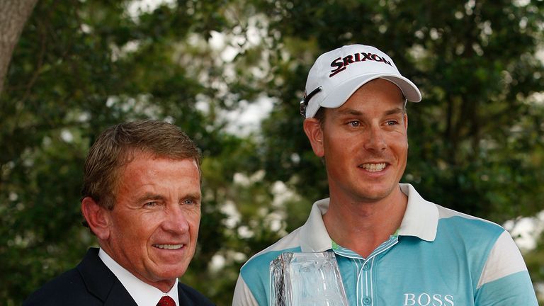 PONTE VEDRA BEACH, FL - MAY 10:  (L-R) The PGA TOUR Commissioner Timothy Finchem and Henrik Stenson of Sweden smile together with the trophy after Stenson 