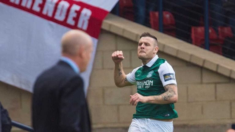 Hibernian's Anthony Stokes celebrates his opeming goal in the Scottish Cup final against Rangers