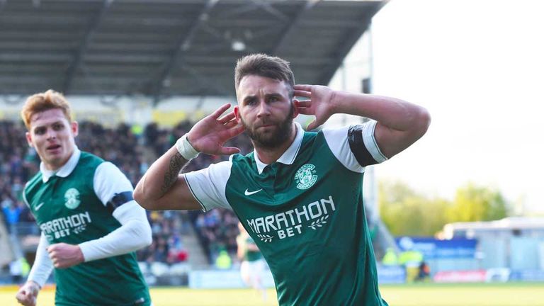 Hibs James Keatings celebrates his successful penalty kick at Falkirk