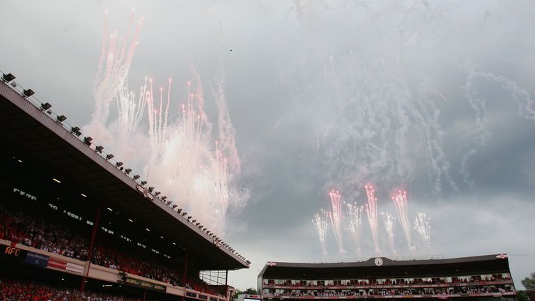 Fireworks and streamers explode after the Premiership match between Arsenal and Wigan Athletic at Highbury on May 7, 2006