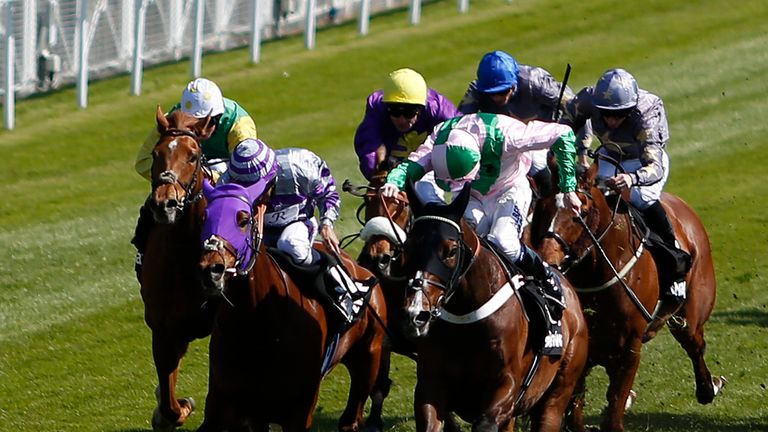 CHESTER, ENGLAND - MAY 04: Jamie Spencer riding No Heretic (C, pink) win The Betway Chester Cup at Chester racecourse on May 4, 2016 in Chester, England. (