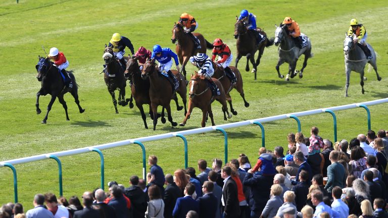 Oasis Fantasy ridden by Silvestre De Sousa (left) wins the Qipco Supporting British Racing Stakesat Newmarket from Paddys Motorbike and Goodwood Mirage.