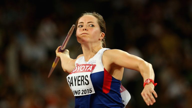 Goldie Sayers of Great Britain competes in the Women's Javelin qualification during day seven of the 15th IAAF World Athletics