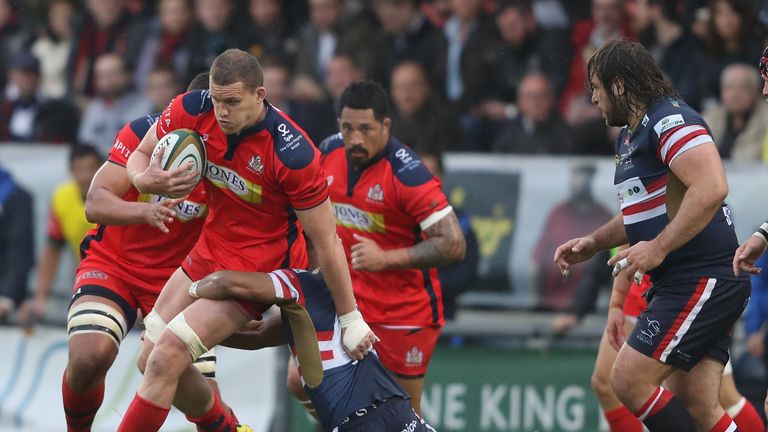 DONCASTER, ENGLAND - MAY 18:  Ian Evans of Bristol Rugby goes on a charge during the Greene King IPA Championship Play Off Final match First Leg between Do