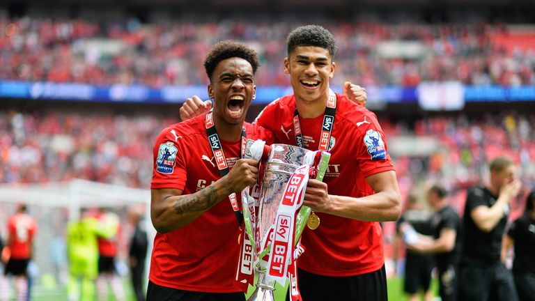 Ivan Toney and Ashley Fletcher of Barnsley FC celebrate after winning the League One play-off final against Millwall