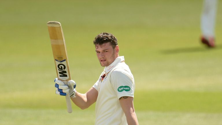 LONDON, ENGLAND - MAY 03: Jack Burnham of Durham reaches his century during day three of the Specsavers County Championship Division One match between Surr