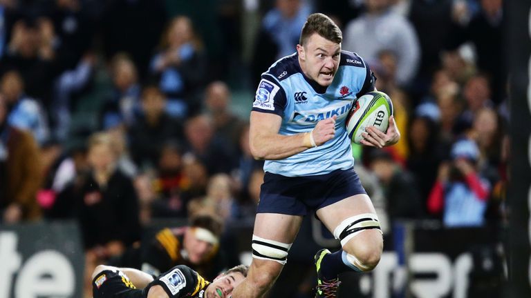 SYDNEY, AUSTRALIA - MAY 27:  Jack Dempsey of the Waratahs charges towards the line to score a try during the round 14 Super Rugby match between the Waratah