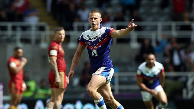 Jacob Miller of Wakefield celebrates scoring the winning drop goal during the Super League Magic Weekend clash with Catalans