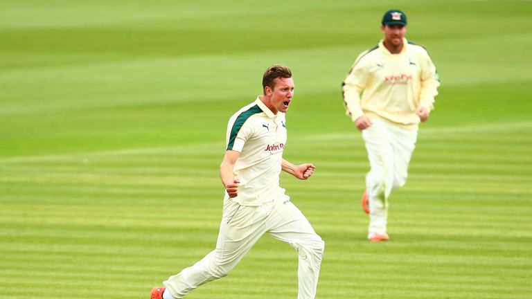Jake Ball of Nottinghamshire celebrates getting the wicket of Paul Stirling of Middlesex