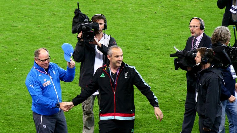 Montpellier's head coach Jake White (L) and Quins director of rugby Conor O'Shea