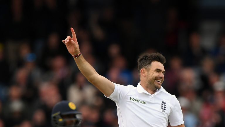 LEEDS, ENGLAND - MAY 21:  England bowler James Anderson celebrates after taking his 10th wicket and the final wicket of the match by bowling Sri Lanka bats