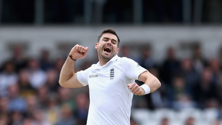 James Anderson of England celebrates dismissing Dimuth Karunaratne of Sri Lanka during day three of the 1st Investec Test match at Headingley