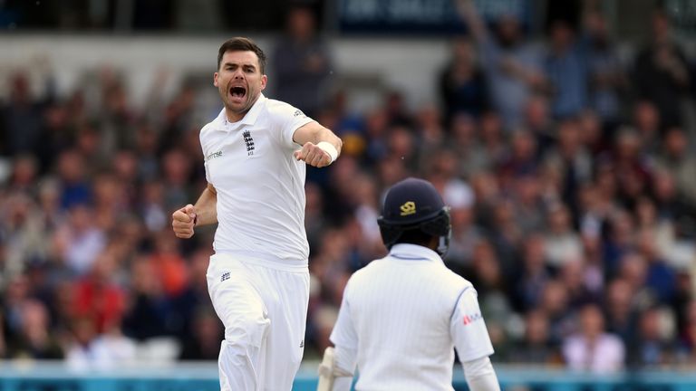 LEEDS, ENGLAND - MAY 20:  England bowler James Anderson celebrates after dismissing Sri Lanka batsman Kaushal Silva for 0 during day two of the 1st Investe