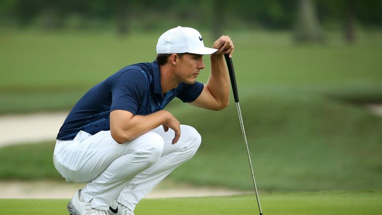 Jamie Lovemark lines up a putt on the 7th hole during a continuation of the third round of the Zurich Classic at TPC Louisiana