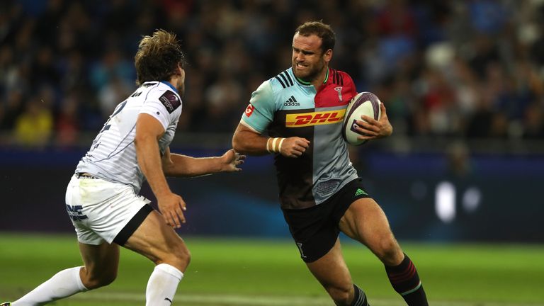 LYON, FRANCE - MAY 13:  Jamie Roberts of Harlequins runs with the ball during the European Rugby Challenge Cup Final match between Harlequins and Montpelli