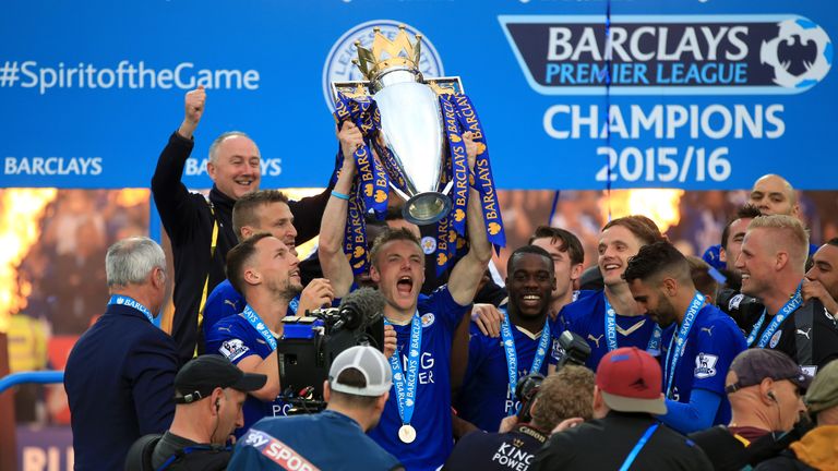 Leicester City's Jamie Vardy lifts the Premier League trophy