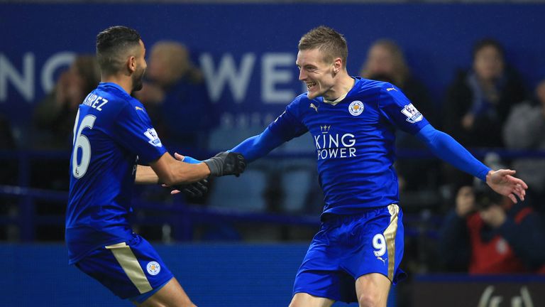 Leicester City's Jamie Vardy (right) celebrates with Riyad Mahrez