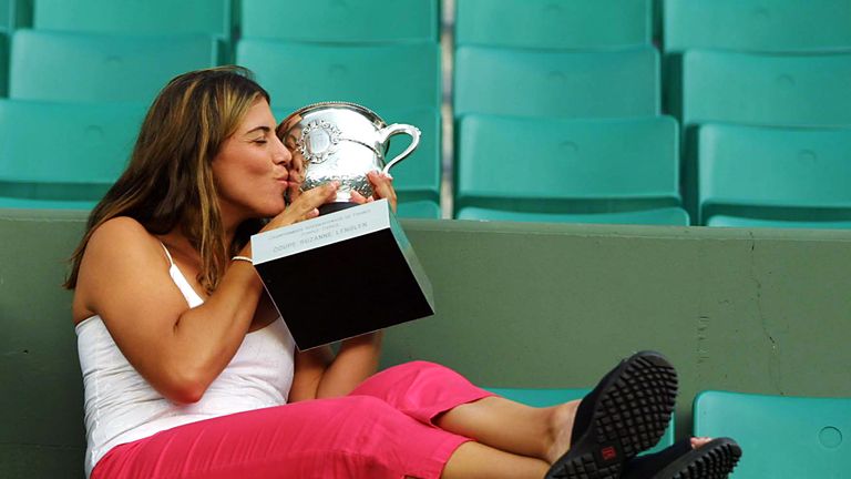 9 Jun 2001: Jennifer Capriati of the USA celebrates with the trophy after winning the womens final match against Kim Clijsters of Belgium during the French