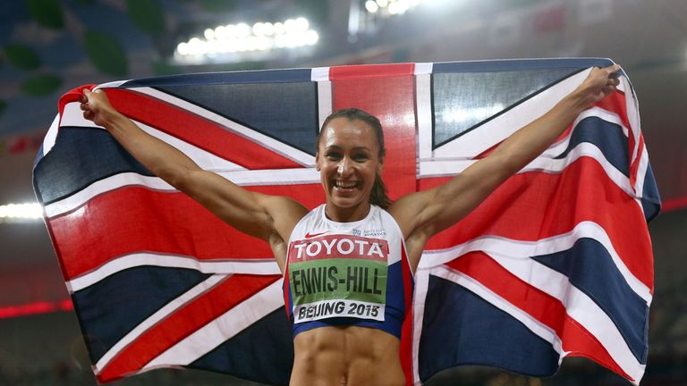 Jessica Ennis-Hill of Great Britain celebrates after winning the Women's Heptathlon 800 metres and the overall Heptathlon gold