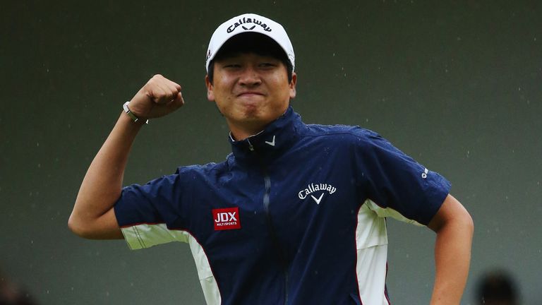 Jeunghun Wang of Korea celebrates the winning putt at the Trophy Hassan II in Rabat