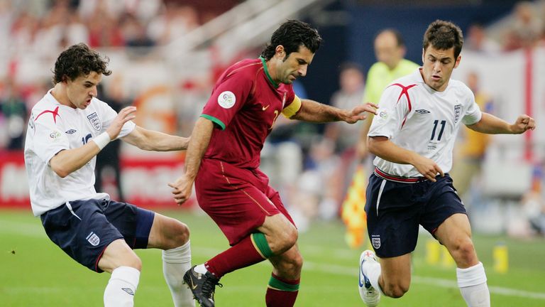 Joe Cole in action for England against Portugal and Luis Figo