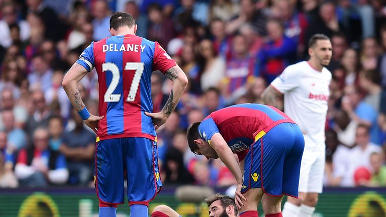 Joe Ledley of Crystal Palace lays injured during the Barclays Premier League match between Crystal Palace and Stoke City at Selh
