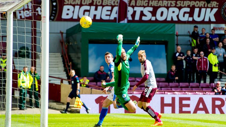 Joe Shaughnessy (left) scores an own goal to make it 2-2 between Hearts and St Johnstone