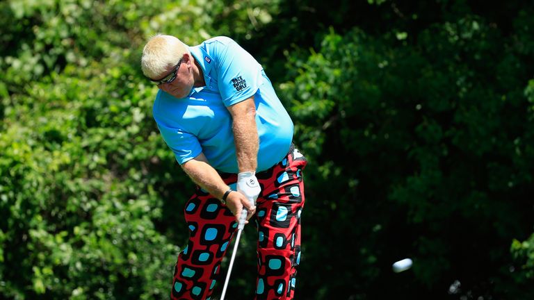 THE WOODLANDS, TX - MAY 06:  John Daly hits his tee shot on the third hole during the first round of the Insperity Championship at The Woodlands Country Cl