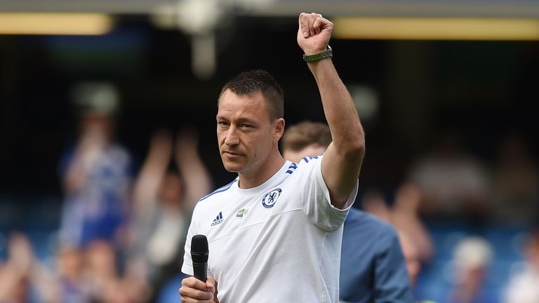 LONDON, ENGLAND - MAY 15:  John Terry of Chelsea speaks to the fans during the Barclays Premier League match between Chelsea and Leicester City at Stamford