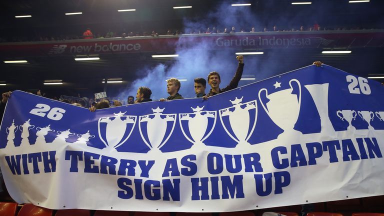 Chelsea fans display a banner in support of John Terry during their 1-1 draw at Liverpool