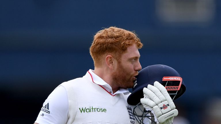 LEEDS, ENGLAND - MAY 20:  England batsman Jonny Bairstow celebrates after reaching his century during day two of the 1st Investec Test match between Englan