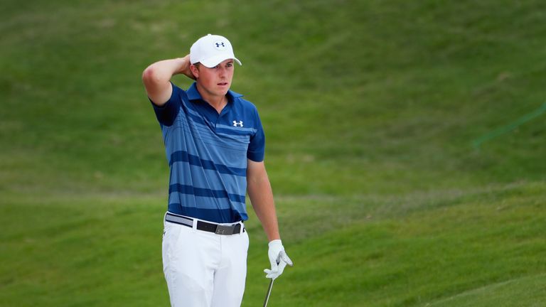 Jordan Spieth reacts to a chip on the fifth hole during the Final Round at AT&T Byron Nelson 