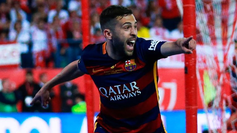 Jordi Alba of Barcelona celebrates scoring their opening goal during the Copa del Rey final against Sevilla