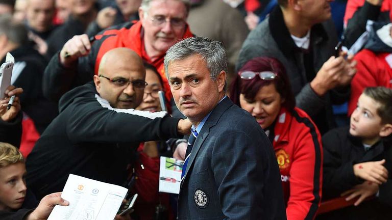 Jose Mourinho is greeted by Manchester United fans prior to match between United and Chelsea at Old Trafford on October 26 2014 