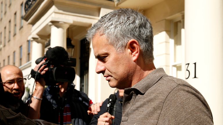Jose Mourinho speaks to the press as he leaves his house in central London on Tuesday, 24 May
