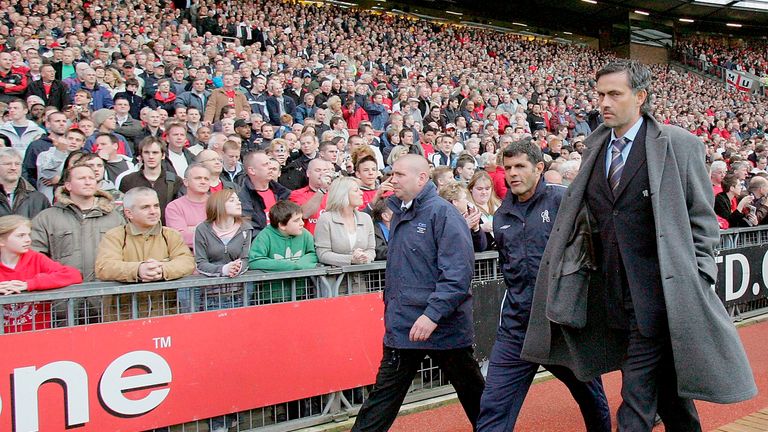 Jose Mourinho of Chelsea makes his way to the bench at the start of the Premiership match between Manchester United at Old Trafford on May 10 2005 