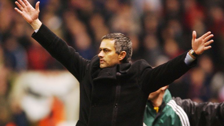 Jose Mourinho of Porto celebrates at full-time of the Champions League match between Manchester United at Old Trafford on March 9, 2004 