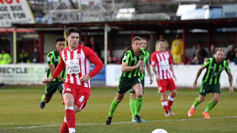 Josh Windass of Accrington Stanley scores the opening goal from the penalty spot 