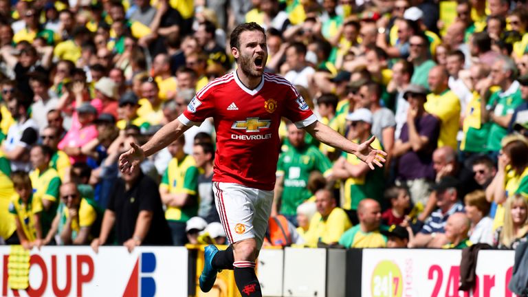 Juan Mata celebrates what proved the matchwinner for Manchester United at Norwich