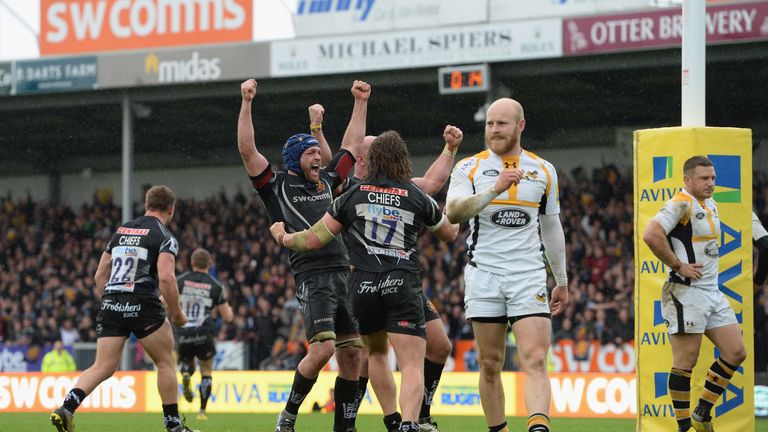 Julian Salvi of Exeter Chiefs celebrates reaching the Aviva Premiership Final