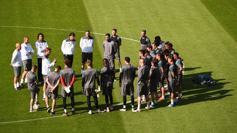 Klopp addresses the Liverpool team at a pre-match training session in Basel on Tuesday