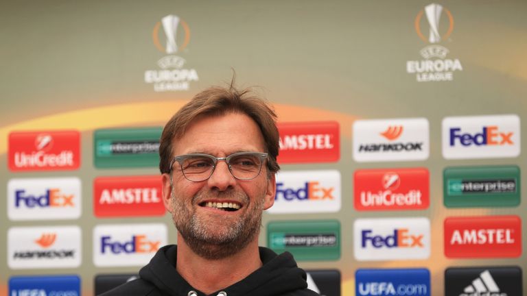 LIVERPOOL, ENGLAND - MAY 04:  Jurgen Klopp, manager of Liverpool looks on during a press conference ahead of the UEFA Europa League Semi-Final Second Leg m