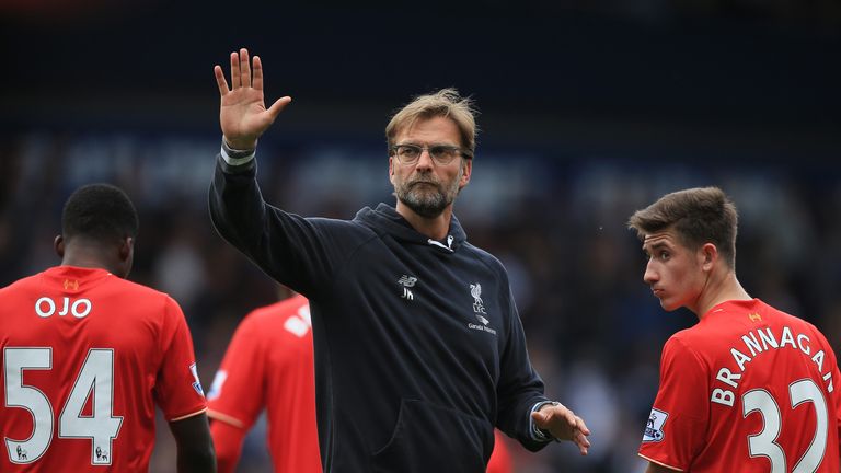 Jurgen Klopp, manager of Liverpool, applauds supporters after the Premier League match against West Brom