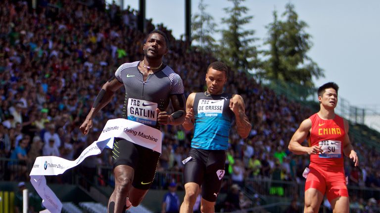 Justin Gatlin wins the 100m at the Diamond League meeting in Eugene, Oregon