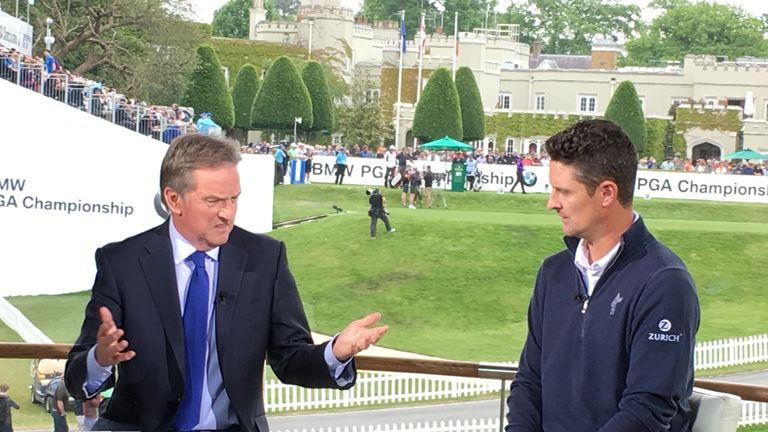 Justin Rose chats with David Livingstone in the Sky Sports studio at the BMW PGA Championship at Wentworth