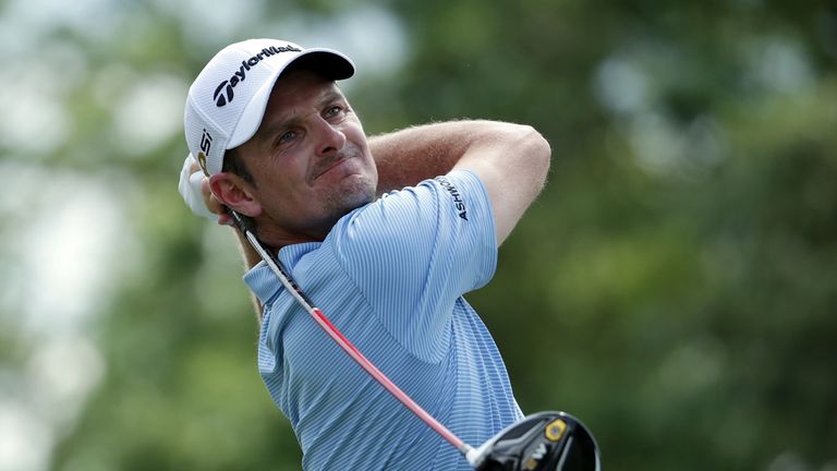 Justin Rose of England hits his tee shot on the ninth hole during the final round of the Wells Fargo Championship