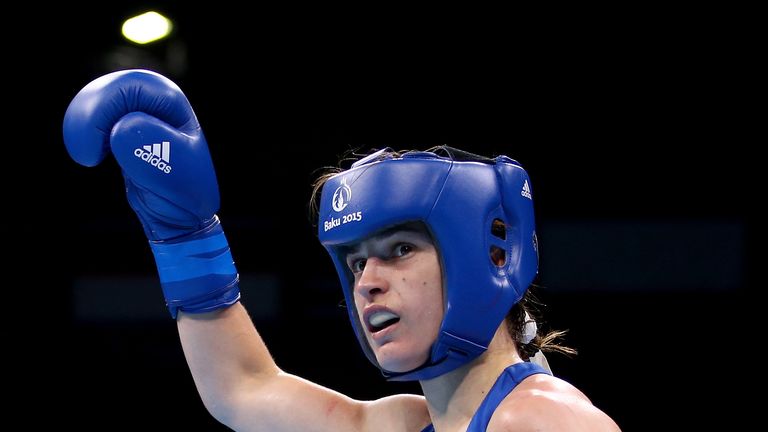 BAKU, AZERBAIJAN - JUNE 27:  Katie Taylor of Ireland celebrates victory over Estelle Mossely of France in the Women's Boxing Lightweight (57-60kg) Final du