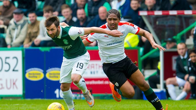 Hibernian's James Keatings (left) and Raith Rovers Harry Panayioutou challenge for possession 